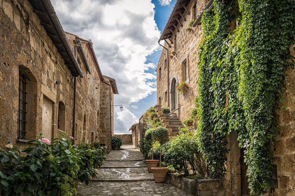 Historic stone houses adorned with ivy in a picturesque Mediterranean street.